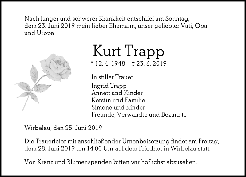  Traueranzeige für Kurt Trapp vom 25.06.2019 aus 206 WBT - Weilburger Tageblatt (140)