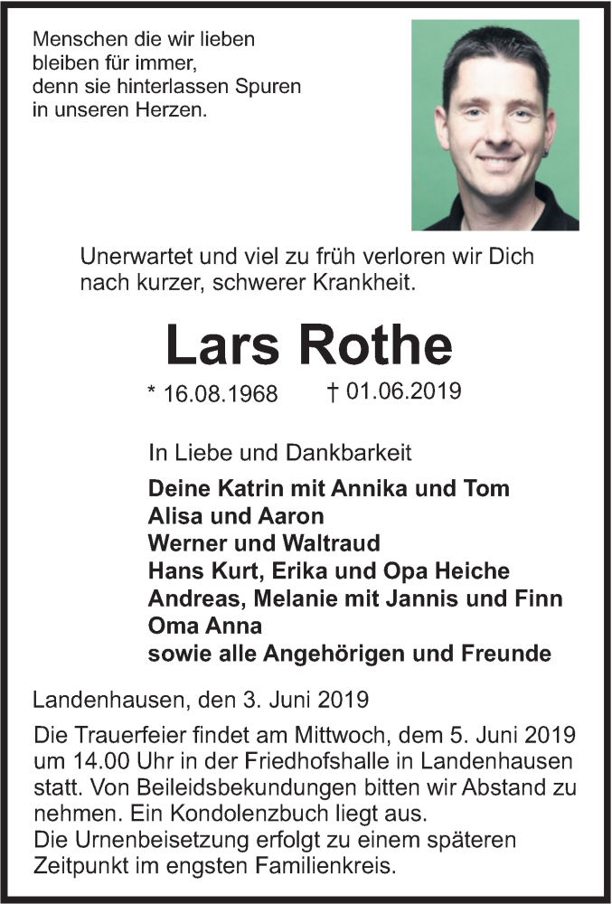  Traueranzeige für Lars Rothe vom 03.06.2019 aus VRM Trauer