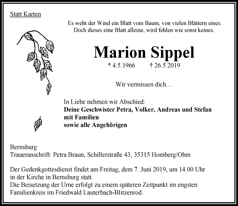  Traueranzeige für Marion Sippel vom 04.06.2019 aus VRM Trauer