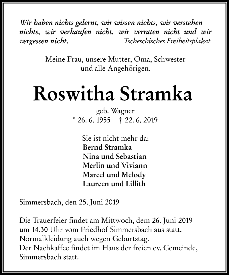  Traueranzeige für Roswitha Stramka vom 25.06.2019 aus 202 Dill Block (120)