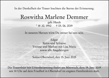 Traueranzeige von Roswitha Marlene Demmer von 201 WNZ - Wetzlarer Neue Zeitung (110)