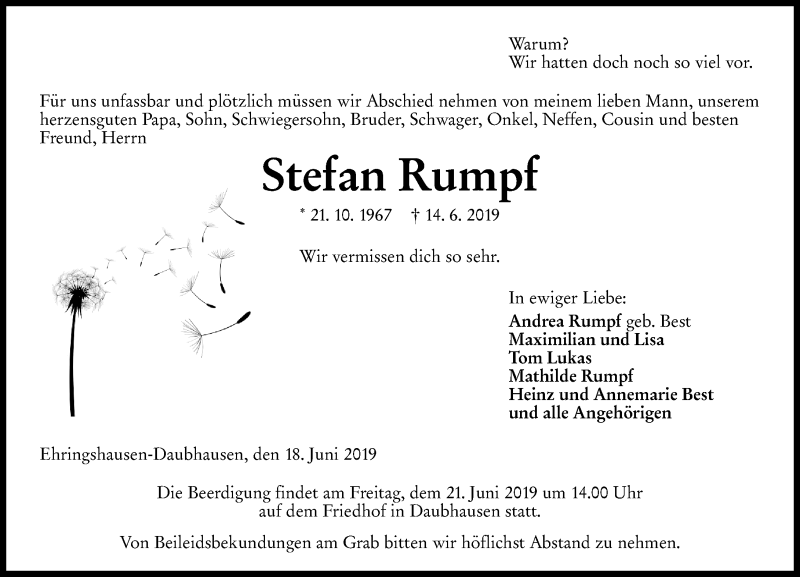  Traueranzeige für Stefan Rumpf vom 18.06.2019 aus 202 Dill Block (120)