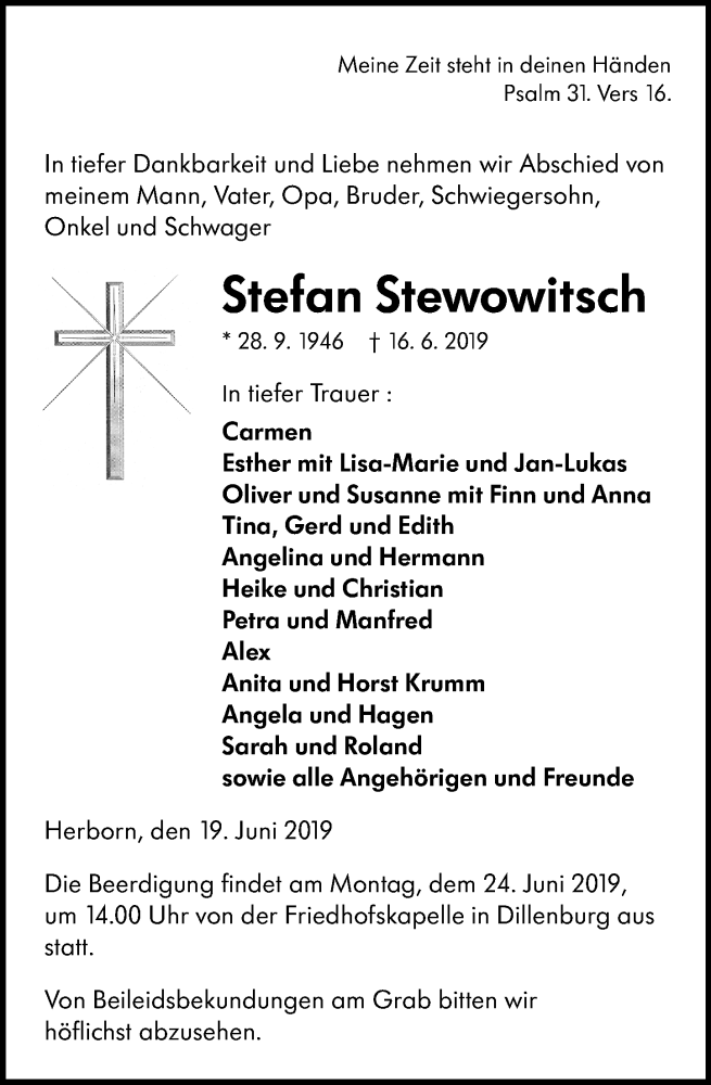  Traueranzeige für Stefan Stewowitsch vom 19.06.2019 aus 202 Dill Block (120)