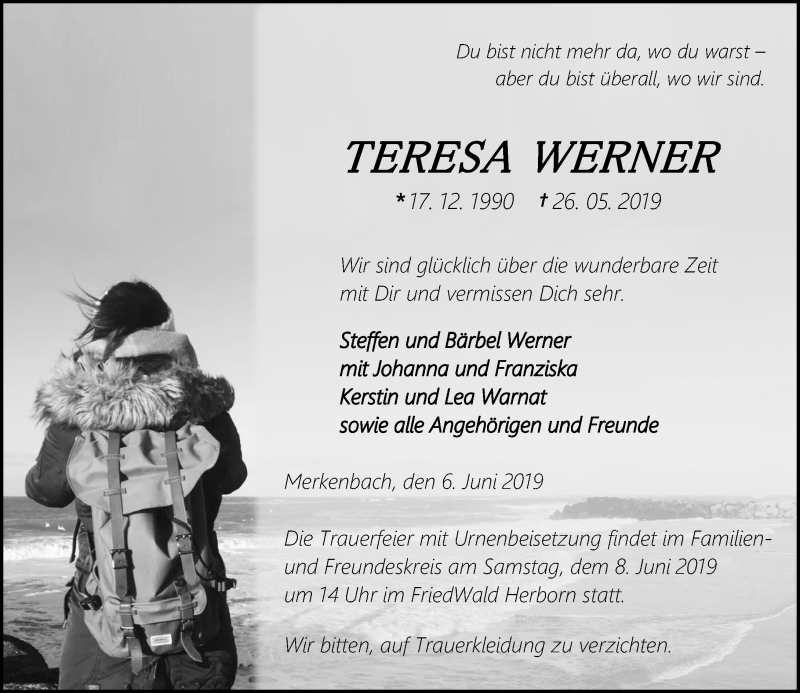 Traueranzeigen Von Teresa Werner Trauer Mittelhessen De