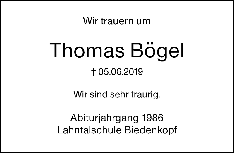  Traueranzeige für Thomas Bögel vom 14.06.2019 aus 205 HA - Hinterländer Anzeiger (130)