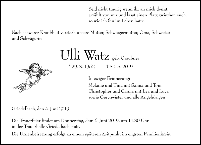  Traueranzeige für Ulli Watz vom 04.06.2019 aus 206 WBT - Weilburger Tageblatt (140)