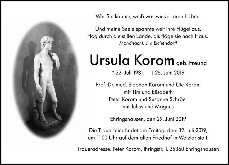  Traueranzeige für Ursula Korom vom 29.06.2019 aus 201 WNZ - Wetzlarer Neue Zeitung (110)