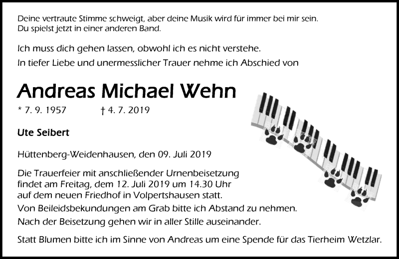  Traueranzeige für Andreas Michael Wehn vom 09.07.2019 aus 206 WBT - Weilburger Tageblatt (140)