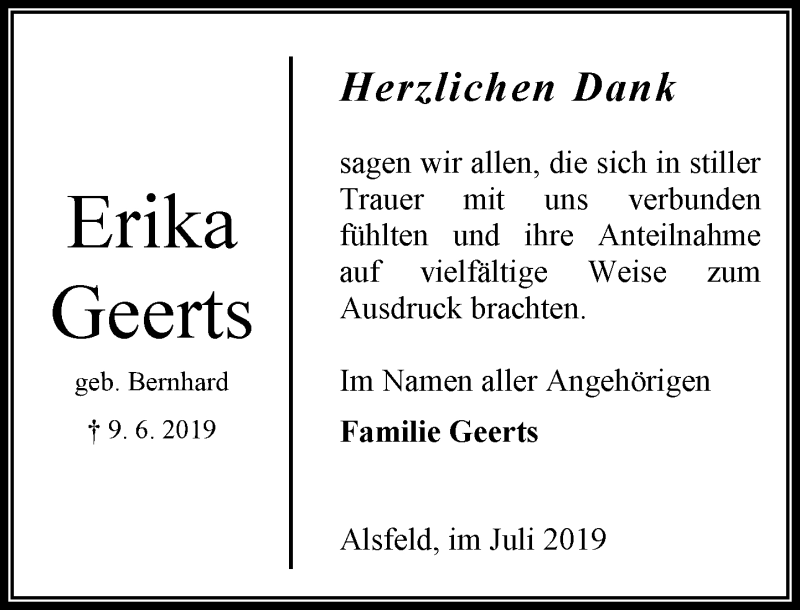  Traueranzeige für Erika Geerts vom 20.07.2019 aus VRM Trauer