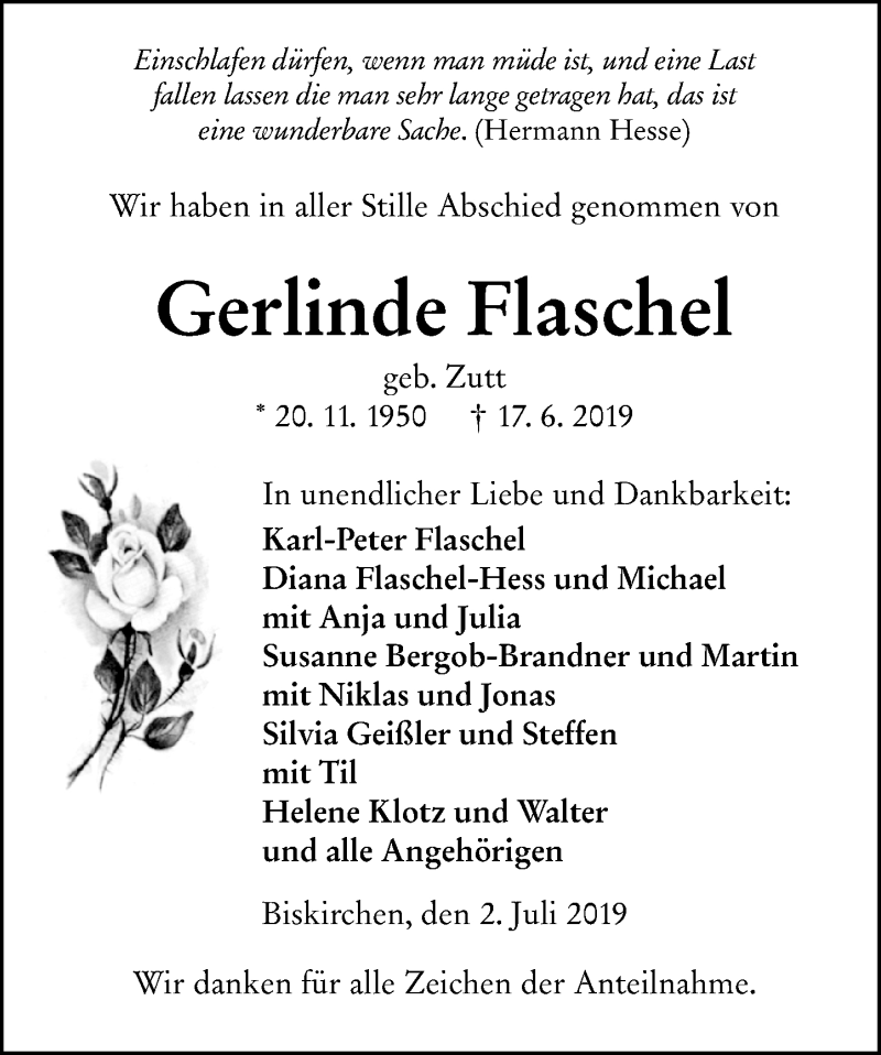  Traueranzeige für Gerlinde Flaschel vom 02.07.2019 aus 201 WNZ - Wetzlarer Neue Zeitung (110)