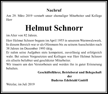 Traueranzeige von Helmut Schnorr von 201 WNZ - Wetzlarer Neue Zeitung (110)
