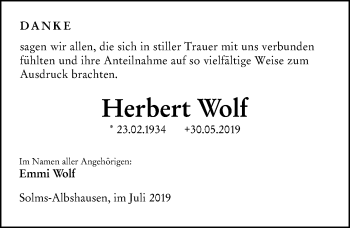 Traueranzeige von Herbert Wolf von 201 WNZ - Wetzlarer Neue Zeitung (110)