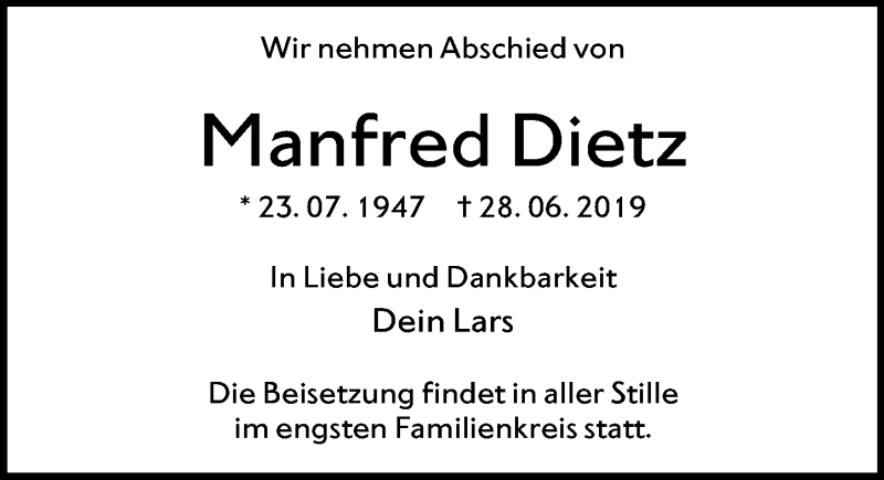  Traueranzeige für Manfred Dietz vom 20.07.2019 aus 201 WNZ - Wetzlarer Neue Zeitung (110)