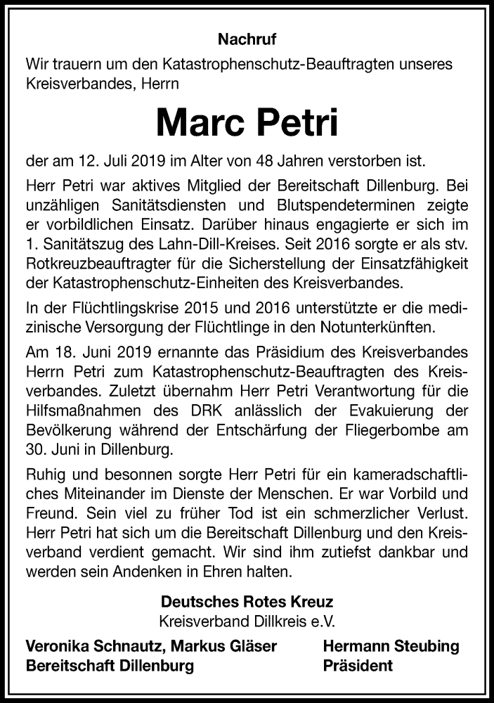  Traueranzeige für Marc Petri vom 18.07.2019 aus 202 Dill Block (120)