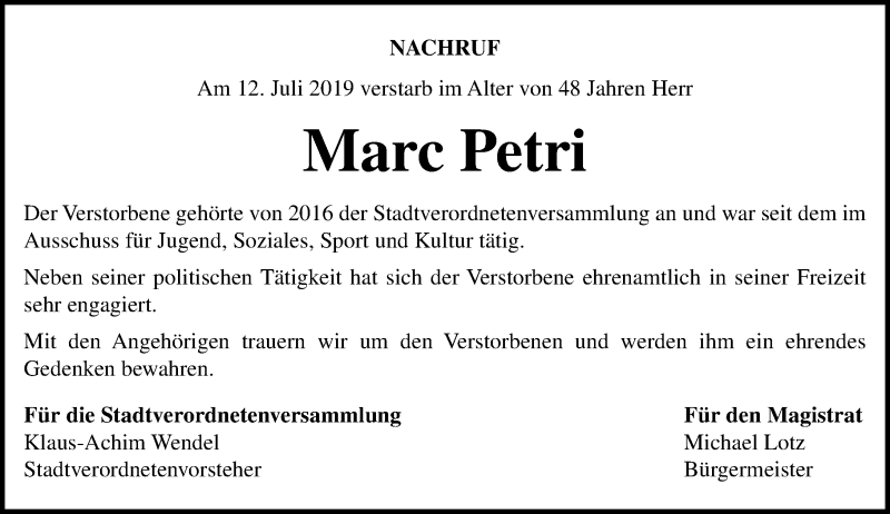  Traueranzeige für Marc Petri vom 19.07.2019 aus 202 Dill Block (120)