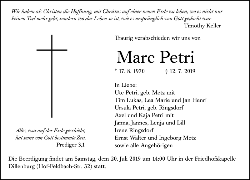  Traueranzeige für Marc Petri vom 16.07.2019 aus 202 Dill Block (120)