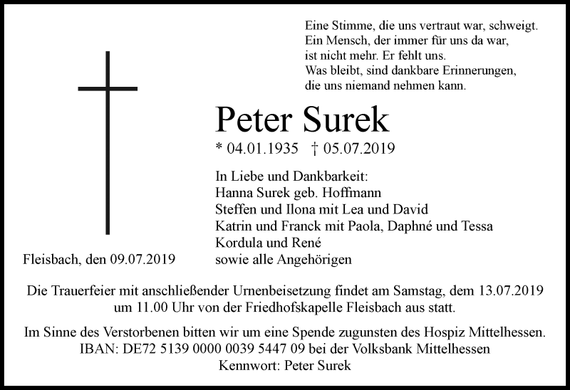  Traueranzeige für Peter Surek vom 09.07.2019 aus 202 Dill Block (120)