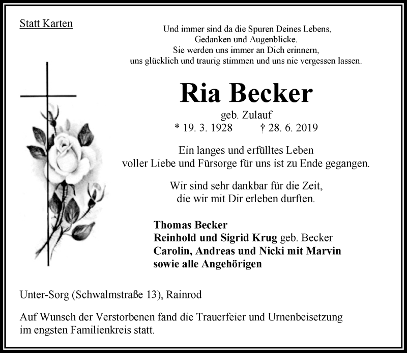  Traueranzeige für Ria Becker vom 13.07.2019 aus 563 Oberhessische Zeitung