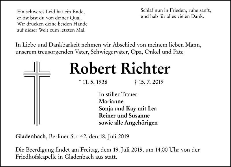 Traueranzeige für Robert Richter vom 18.07.2019 aus 205 HA - Hinterländer Anzeiger (130)