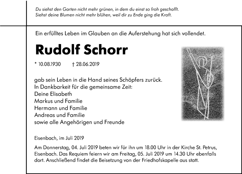  Traueranzeige für Rudolf Schorr vom 04.07.2019 aus 582 Camberger Anzeiger