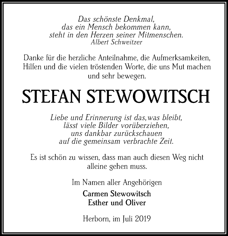  Traueranzeige für Stefan Stewowitsch vom 20.07.2019 aus 202 Dill Block (120)