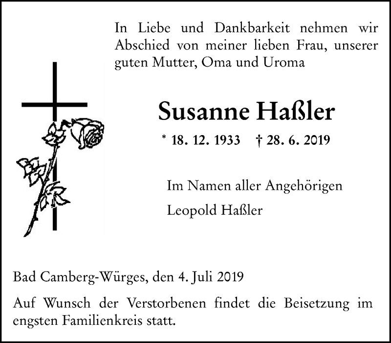  Traueranzeige für Susanne Haßler vom 04.07.2019 aus 582 Camberger Anzeiger
