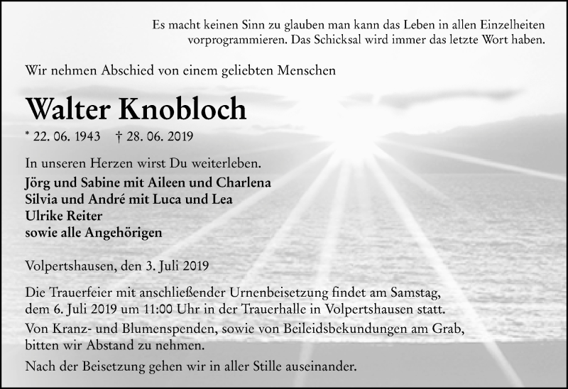  Traueranzeige für Walter Knobloch vom 03.07.2019 aus 201 WNZ - Wetzlarer Neue Zeitung (110)