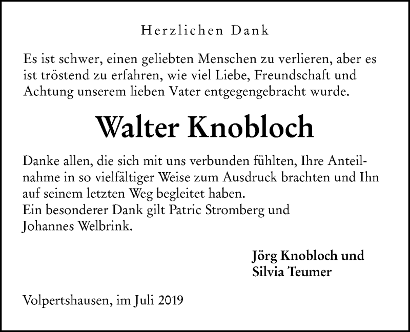  Traueranzeige für Walter Knobloch vom 13.07.2019 aus 201 WNZ - Wetzlarer Neue Zeitung (110)