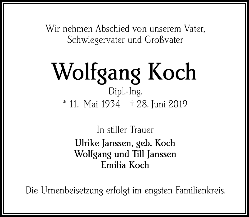  Traueranzeige für Wolfgang Koch vom 10.07.2019 aus 201 WNZ - Wetzlarer Neue Zeitung (110)