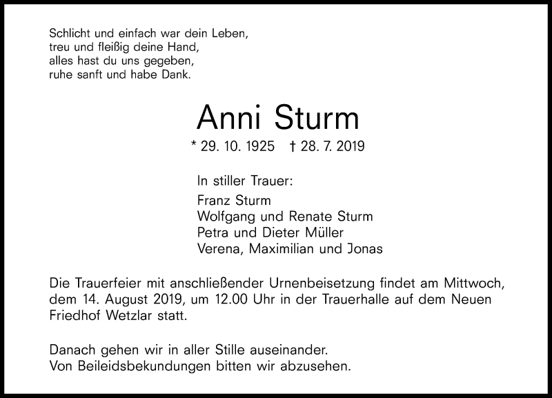  Traueranzeige für Anni Sturm vom 10.08.2019 aus 201 WNZ - Wetzlarer Neue Zeitung (110)