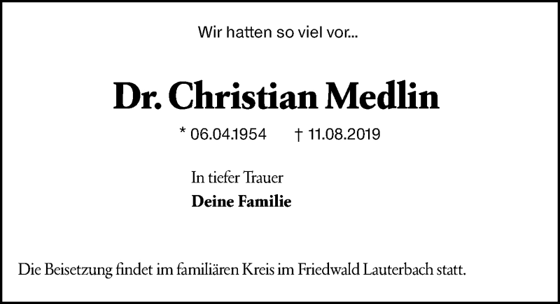  Traueranzeige für Christian Medlin vom 17.08.2019 aus VRM Trauer