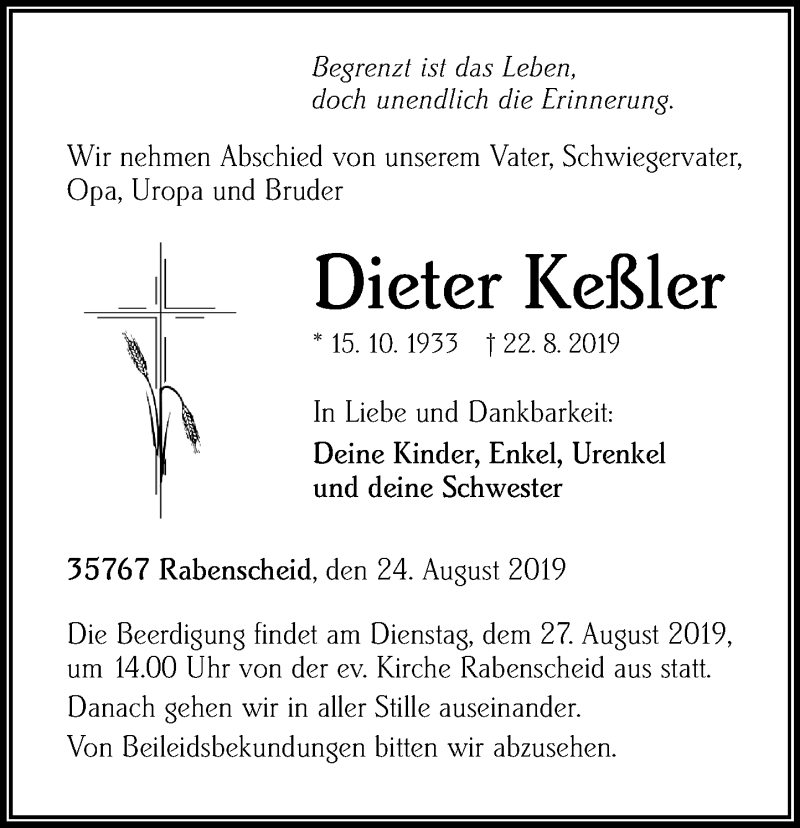  Traueranzeige für Dieter Keßler vom 24.08.2019 aus 202 Dill Block (120)