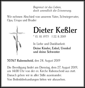 Traueranzeige von Dieter Keßler von 202 Dill Block (120)