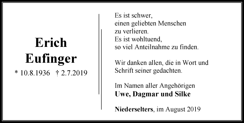  Traueranzeige für Erich Eufinger vom 08.08.2019 aus 582 Camberger Anzeiger