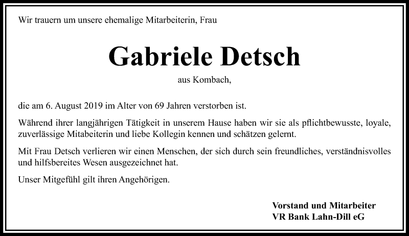  Traueranzeige für Gabriele Detsch vom 15.08.2019 aus 205 HA - Hinterländer Anzeiger (130)