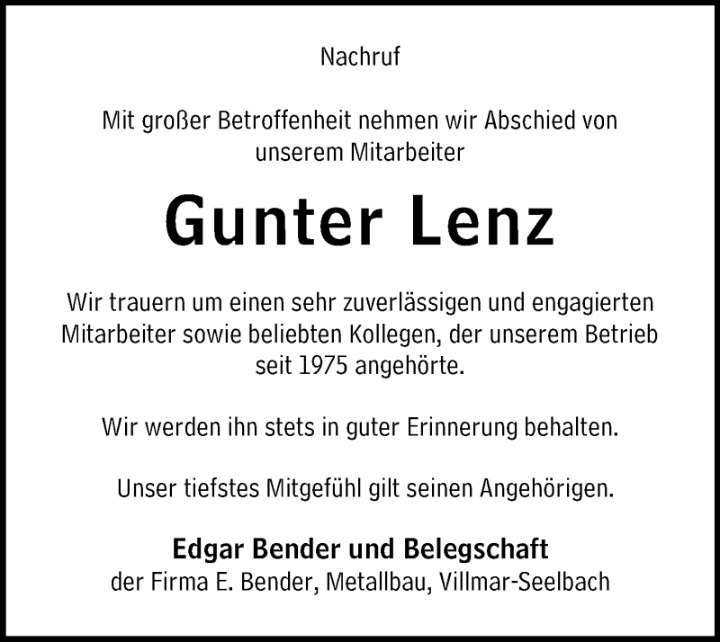  Traueranzeige für Gunter Lenz vom 16.08.2019 aus 206 WBT - Weilburger Tageblatt (140)