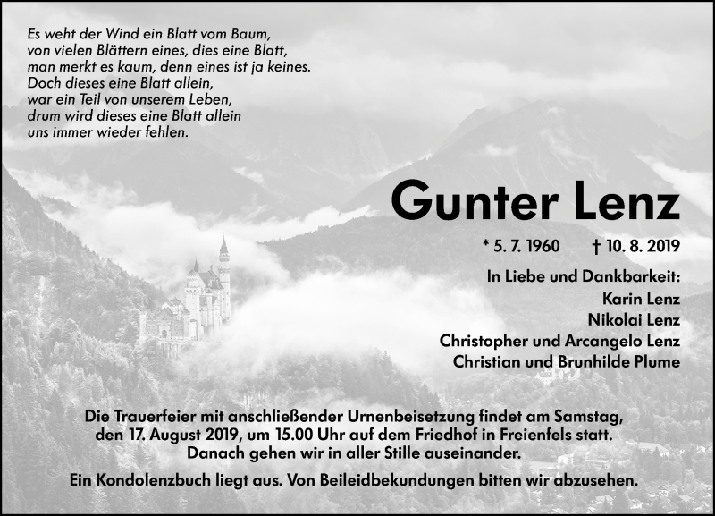  Traueranzeige für Gunter Lenz vom 14.08.2019 aus 206 WBT - Weilburger Tageblatt (140)
