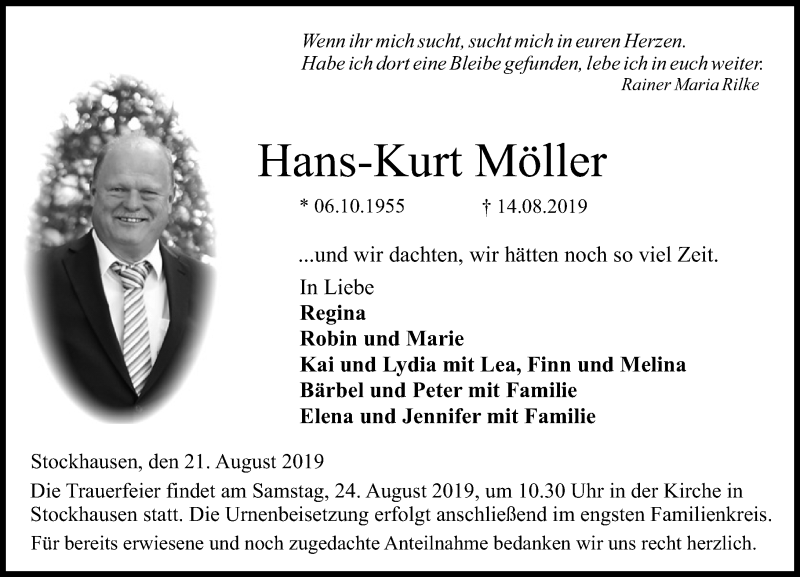  Traueranzeige für Hans-Kurt Möller vom 21.08.2019 aus VRM Trauer
