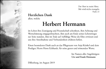 Traueranzeige von Herbert Hermann von 202 Dill Block (120)