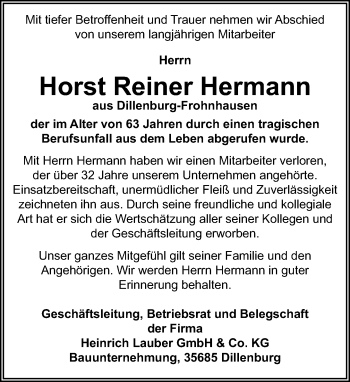 Traueranzeige von Horst Reiner Hermann von 202 Dill Block (120)