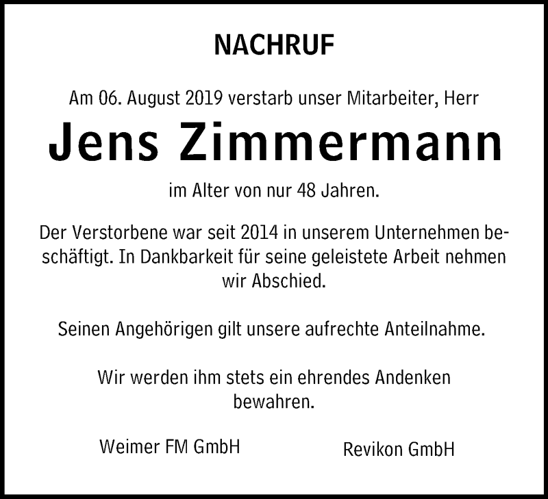  Traueranzeige für Jens Zimmermann vom 13.08.2019 aus 202 Dill Block (120)