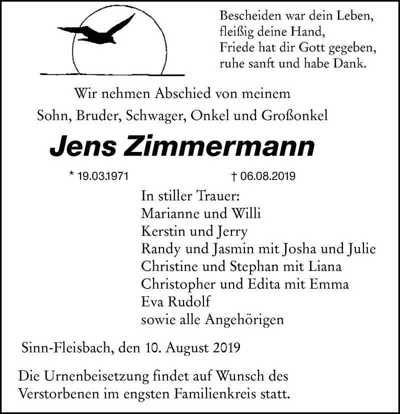  Traueranzeige für Jens Zimmermann vom 10.08.2019 aus 202 Dill Block (120)