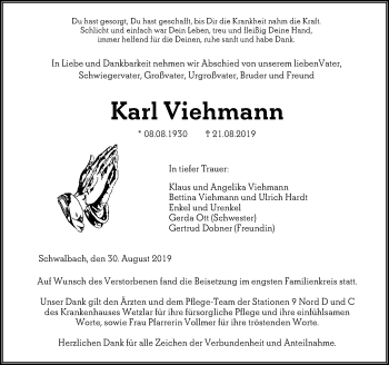 Traueranzeige von Karl Viehmann von 201 WNZ - Wetzlarer Neue Zeitung (110)