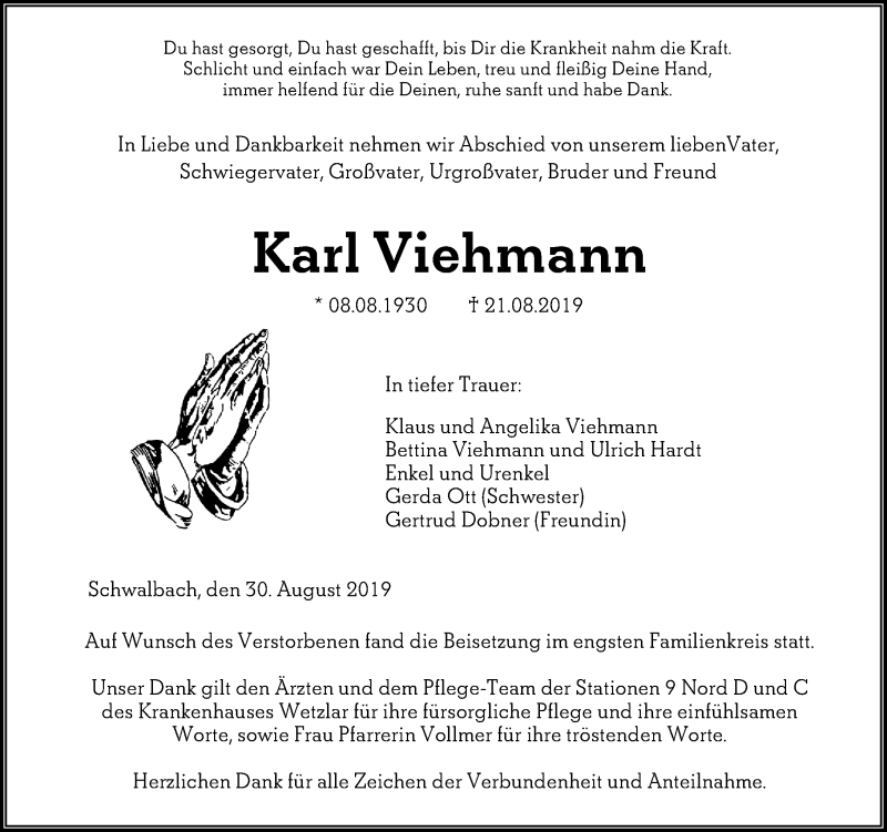  Traueranzeige für Karl Viehmann vom 30.08.2019 aus 201 WNZ - Wetzlarer Neue Zeitung (110)
