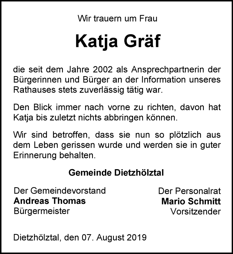  Traueranzeige für Katja Gräf vom 07.08.2019 aus 202 Dill Block (120)