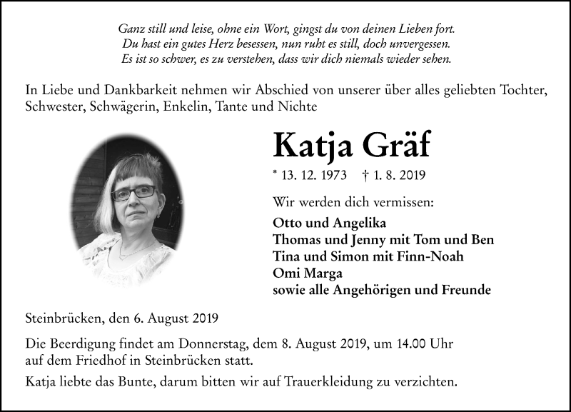  Traueranzeige für Katja Gräf vom 06.08.2019 aus 202 Dill Block (120)