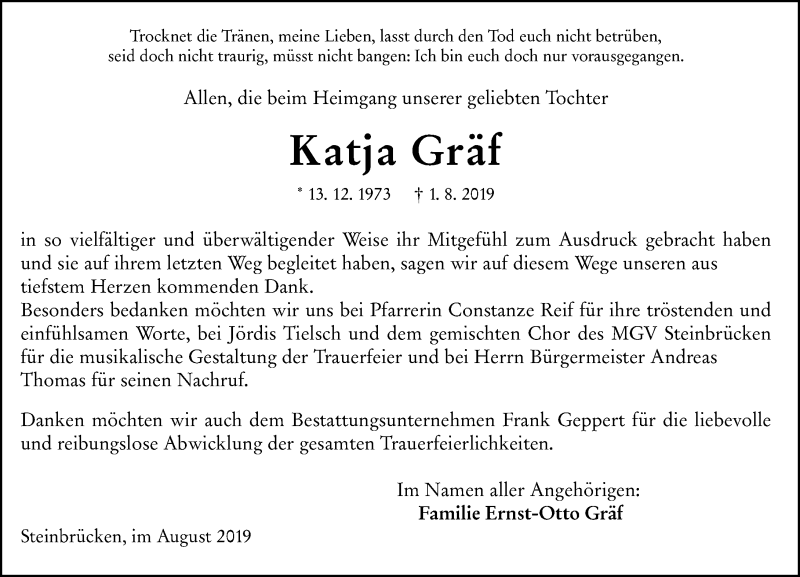  Traueranzeige für Katja Gräf vom 31.08.2019 aus 202 Dill Block (120)