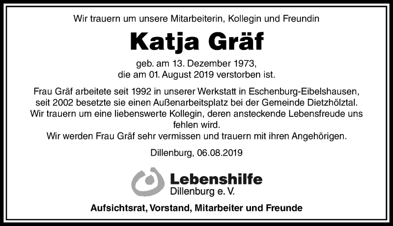  Traueranzeige für Katja Gräf vom 07.08.2019 aus 202 Dill Block (120)