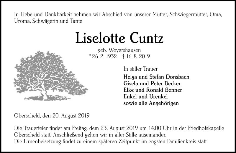  Traueranzeige für Liselotte Cuntz vom 20.08.2019 aus 202 Dill Block (120)