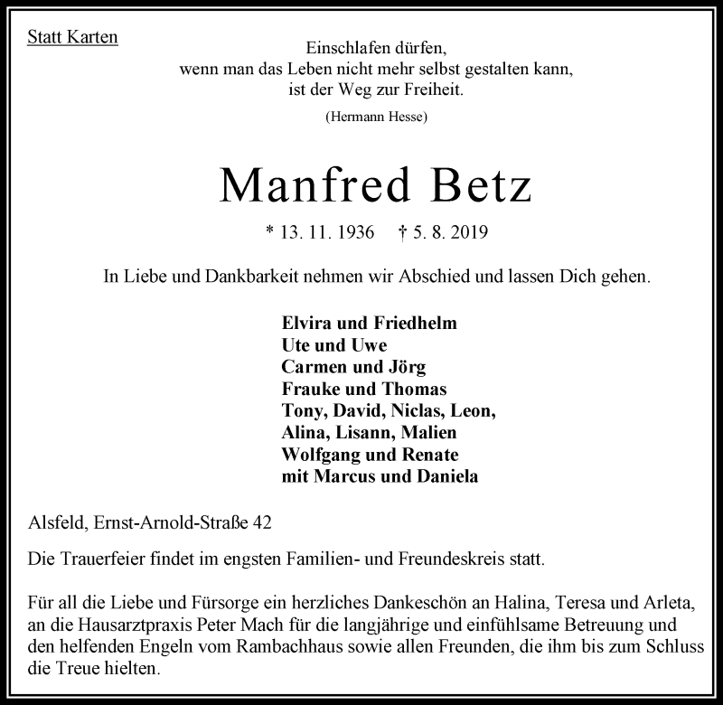  Traueranzeige für Manfred Betz vom 10.08.2019 aus VRM Trauer